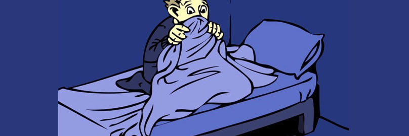 Animation of a young boy hiding under the covers from monsters under the bed